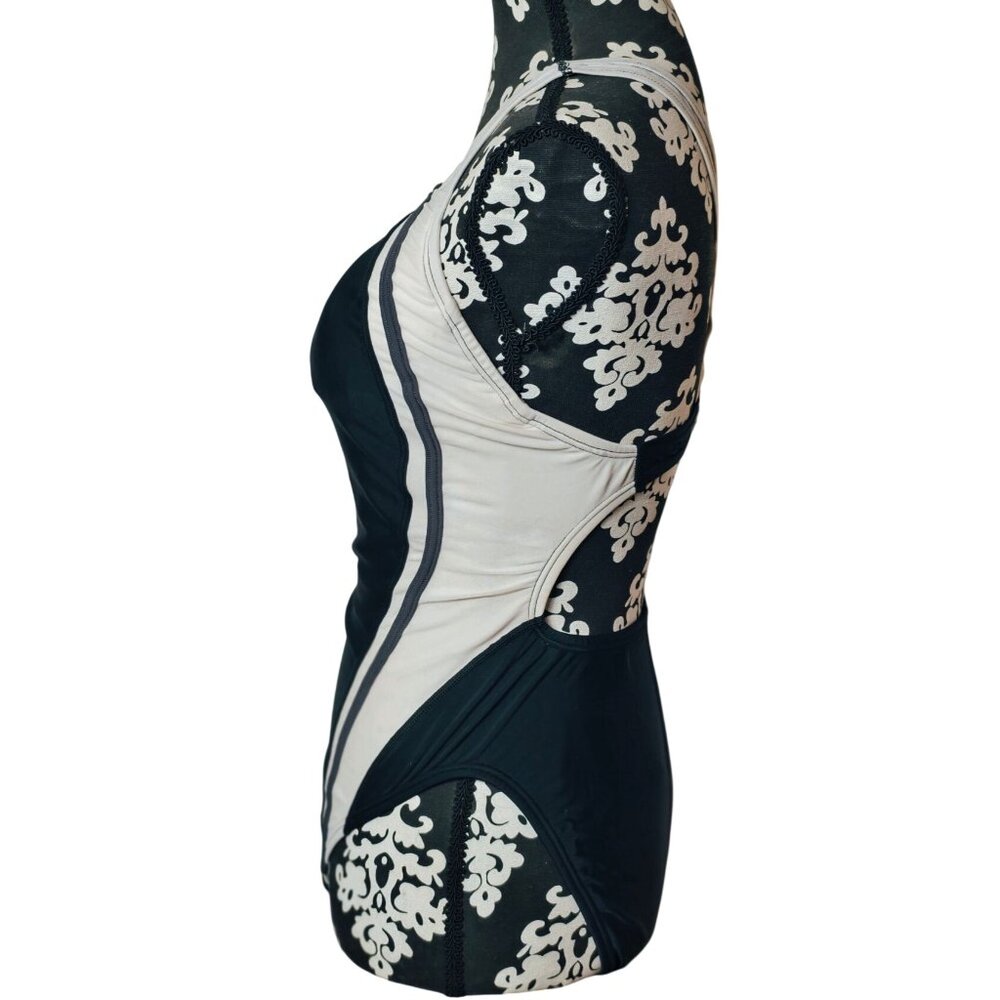 Speedo Womens Swimsuit 12 Creora Black White High Cut One Piece Shelf Bra - Picture 5 of 8